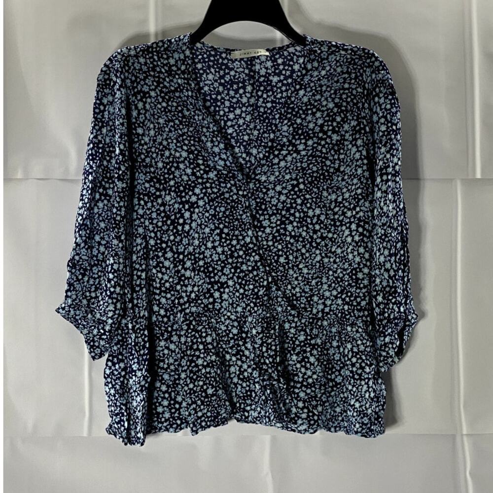 JIMMY KEY Women's Blue Floral V-Neck Surplice Ruffle 3/4 Sleeve Top SZ L